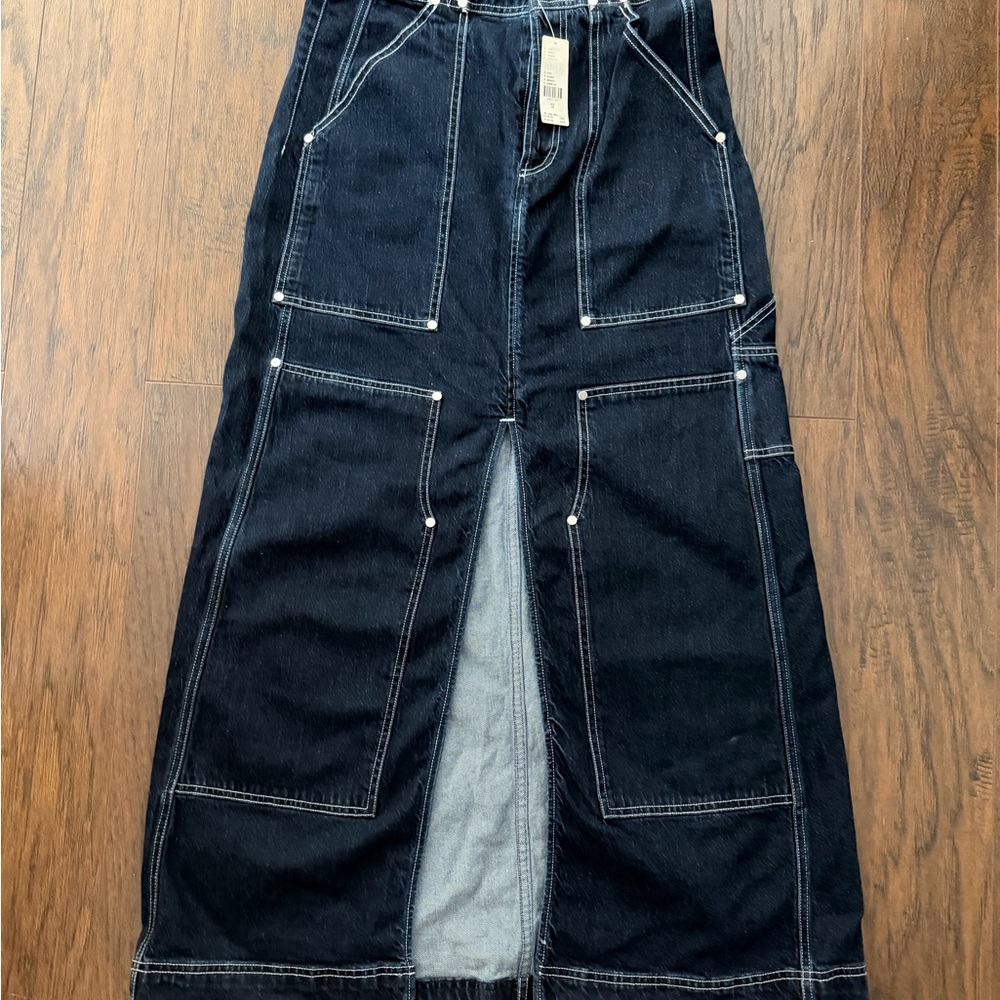 Pilcro Dark Blue Denim Carpenter Skirt with Contrast Stitching